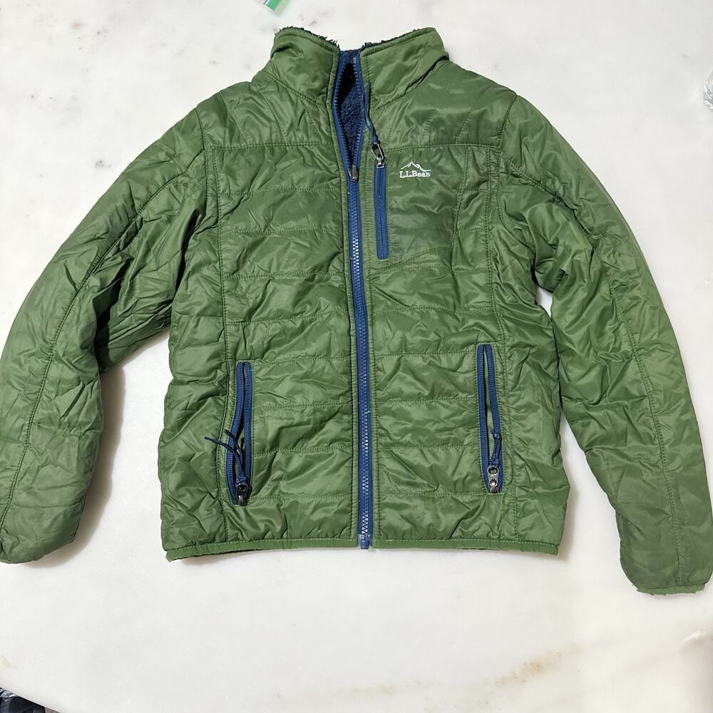 L.L. Bean Kid’s Reversible Quilted / Sherpa Fleece Jacket Hiking Green Navy Coat